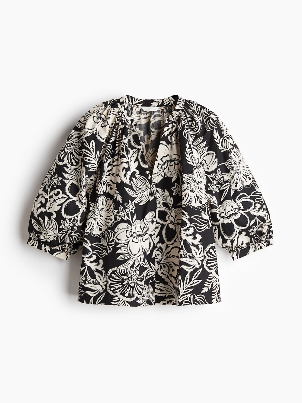 H&M Black and White Floral Puff-Sleeve Blouse